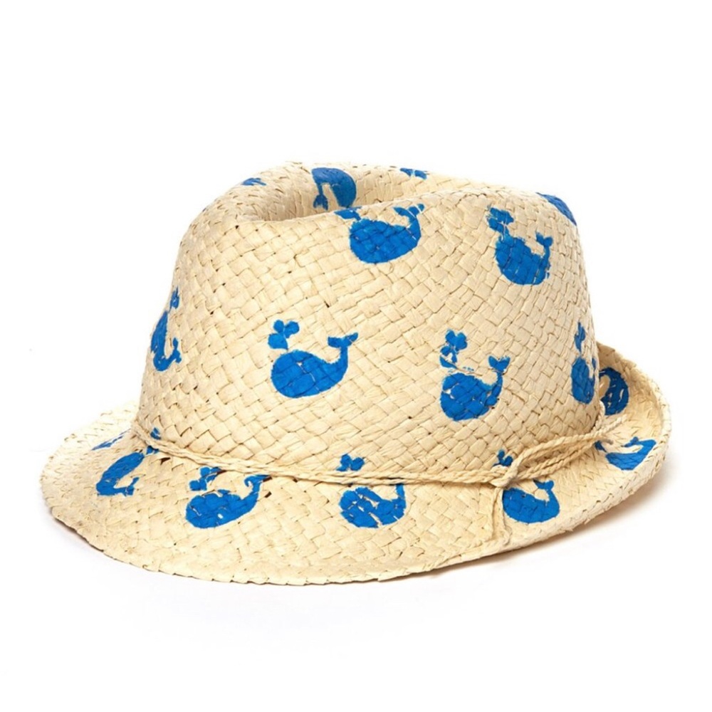 David and Young Natural Straw Kids Fedora Bright Blue Whale Print Casual NWT